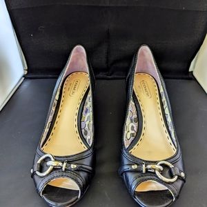 Coach peep toe black wedge shoes
